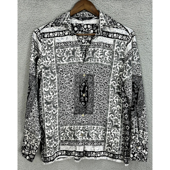 Zara Button Up Top Womens Small Black Satin Ditsy Floral‎ Long Sleeve Boho Artsy - Picture 1 of 6